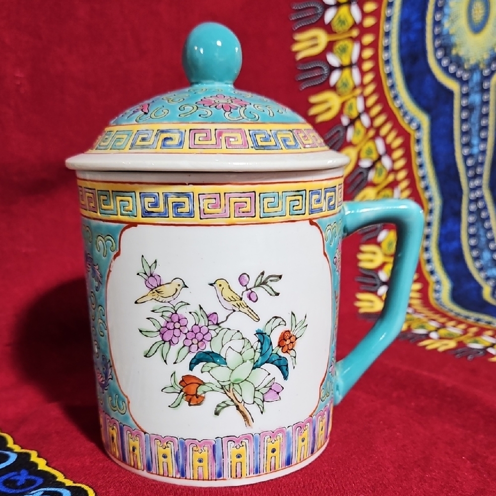 Chinese Mun Shou Turquoise Vintage Lidded Tea Mug Jingdezhen Longevity Porcelain